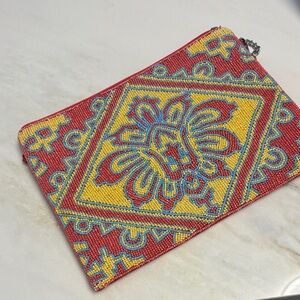 Beaded Floral Zip Clutch in Red, Yellow & Blue